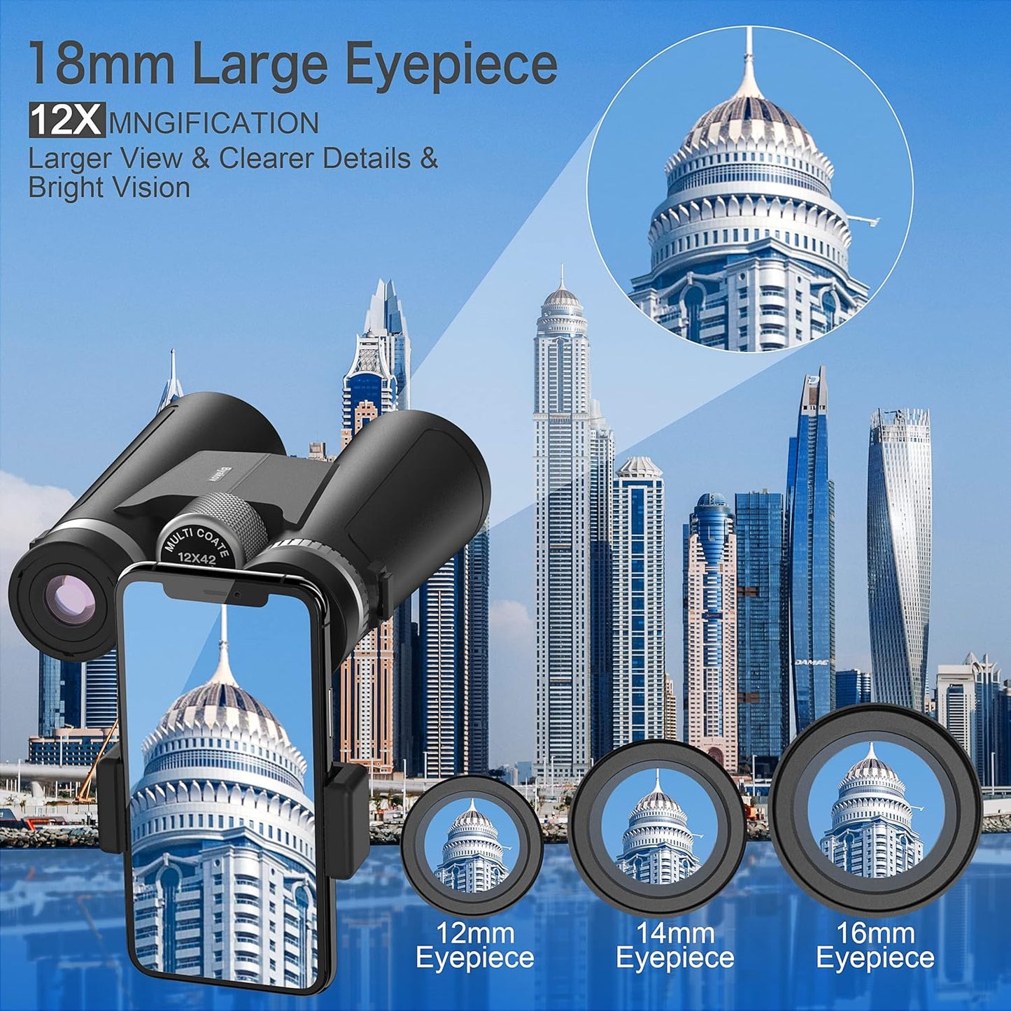 12X42 Binoculars for Adults and Kids, Compact Binoculars for Bird Watching with Clear Low Night Vision, Lightweight Hunting Binoculars with Smartphone Adapter Tripod and HD BAK4 FMC Lens