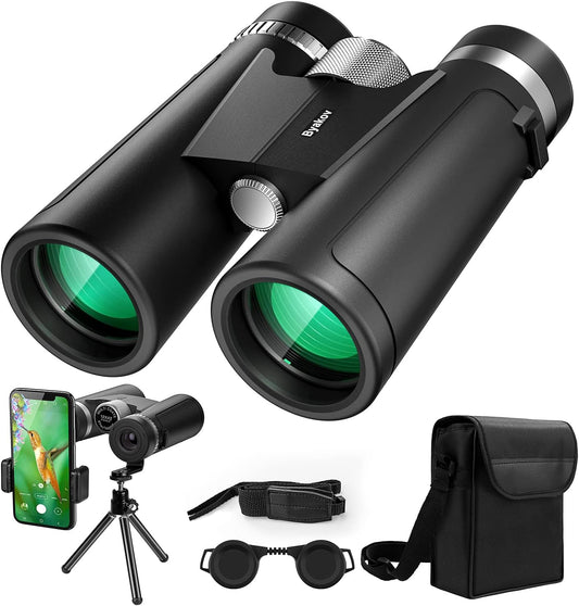 12X42 Binoculars for Adults and Kids, Compact Binoculars for Bird Watching with Clear Low Night Vision, Lightweight Hunting Binoculars with Smartphone Adapter Tripod and HD BAK4 FMC Lens