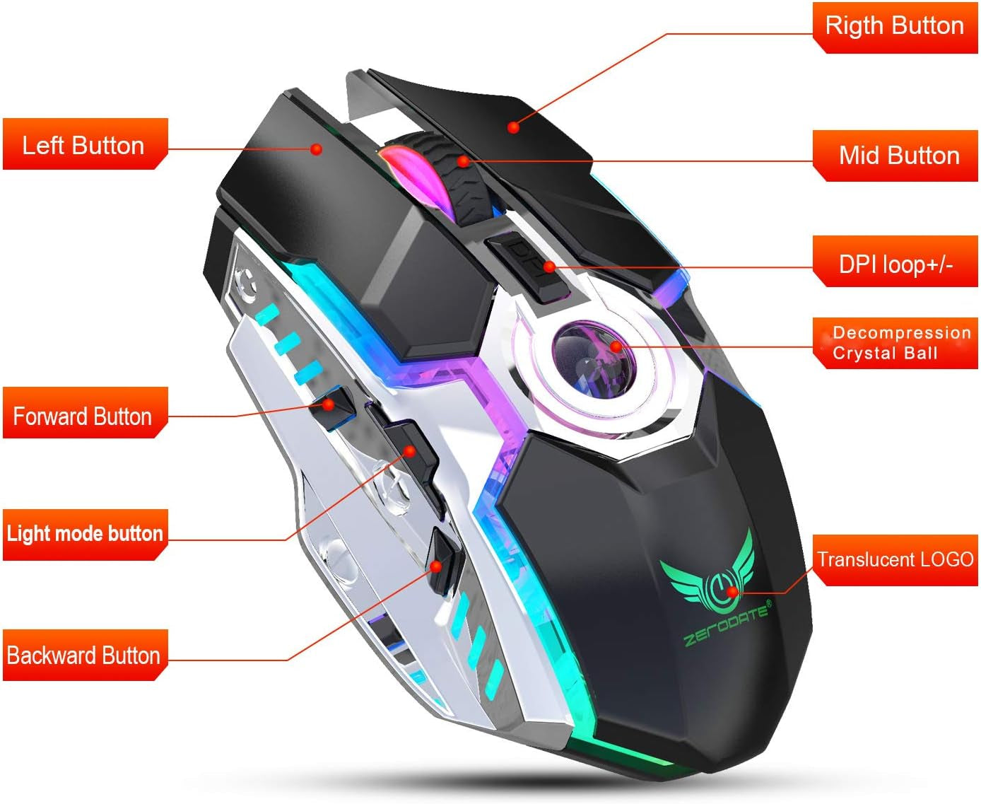 - Rechargeable Wireless Gaming Mice with USB Receiver and Decompress Crystal Ball-Black