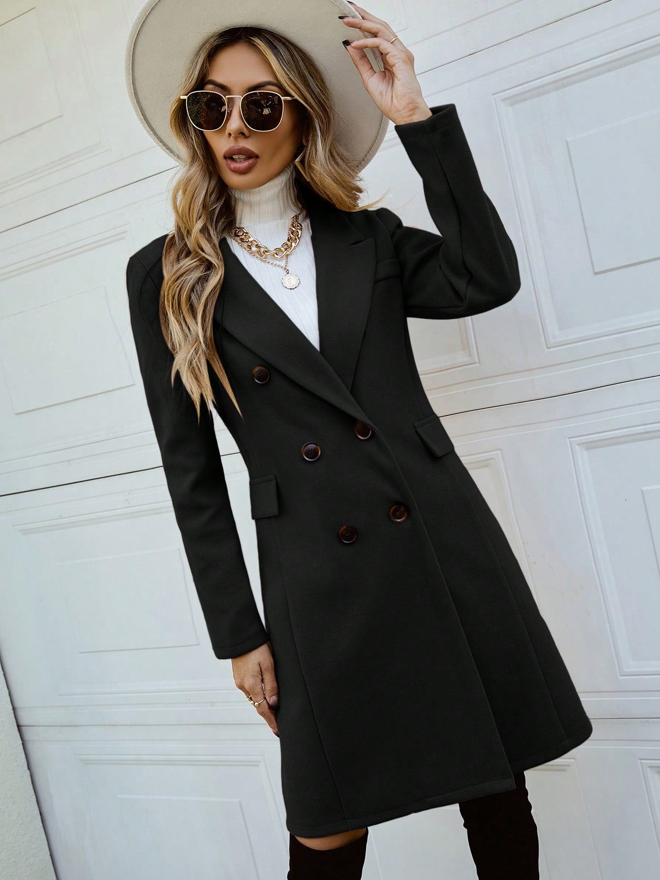 SHEIN Clasi Double Breasted Lapel Collar Overcoat